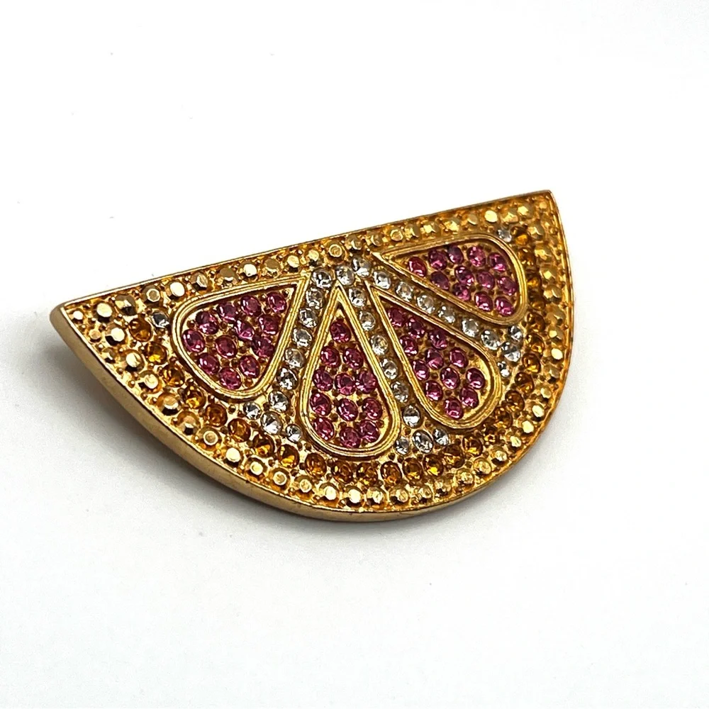 Vintage Carlisle Signed Swarovski Rhinestone Pink Gold Grapefruit Brooch - Picture 3 of 10
